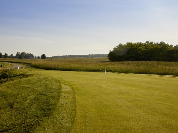 a golf course with a green field